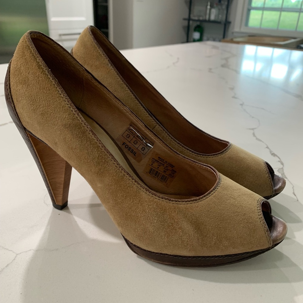 Fossil Peep-toe Suede and Leather Heels (Tan, Size 9)